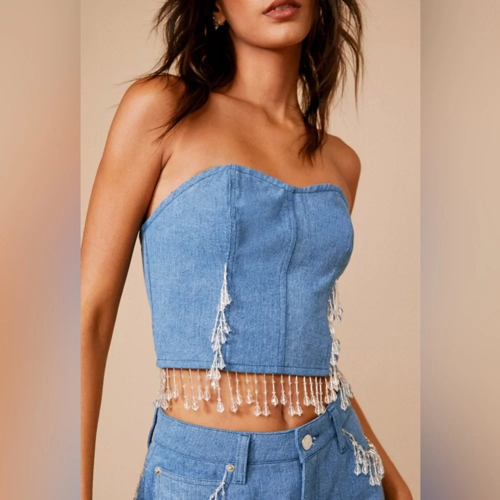 Nasty Gal Premium Chandelier Embellished Denim Bustier Top - Picture 1 of 7